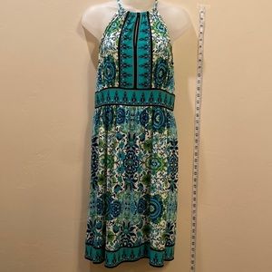 Floral dress with teal, blue, green, and white; Size 8-10